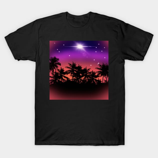 Midnight Purple Sky with Glowing Stars and Palm Trees Landscape T-Shirt by AussieMumaArt